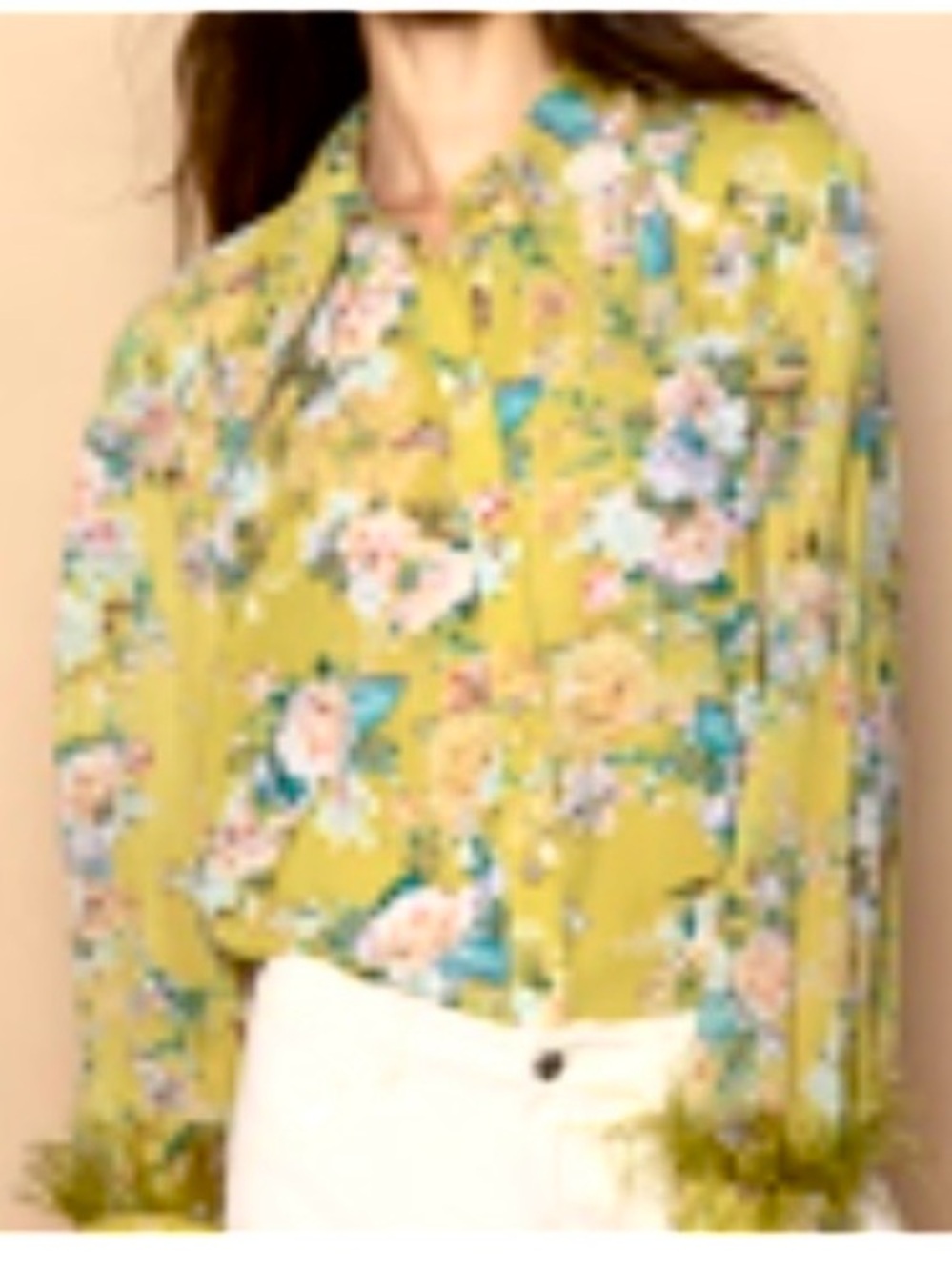 POL Floral Button-Up Blouse in Chartreuse with Multi-Color Flowers - Picture 1 of 9